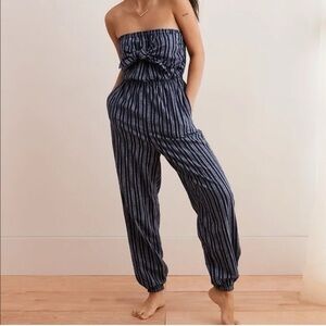 Aerie Blue Pinstriped Jumpsuit Relaxed Fit